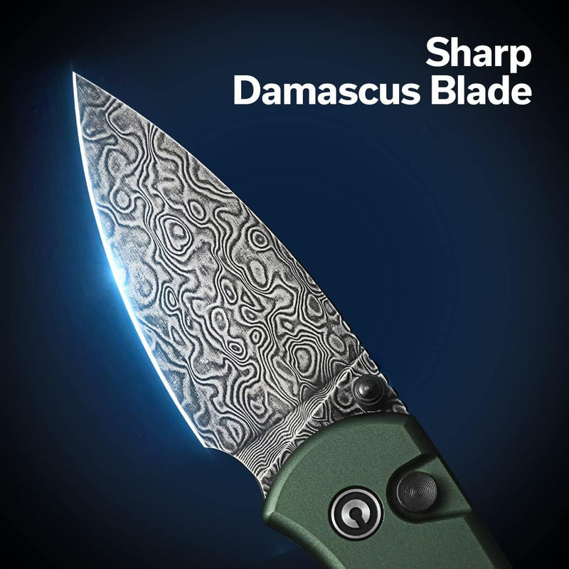 CIVIVI Qubit Button Lock & Thumb Stud Knife Aluminum Handle (2.98" Damascus Blade) C22030E - DS1