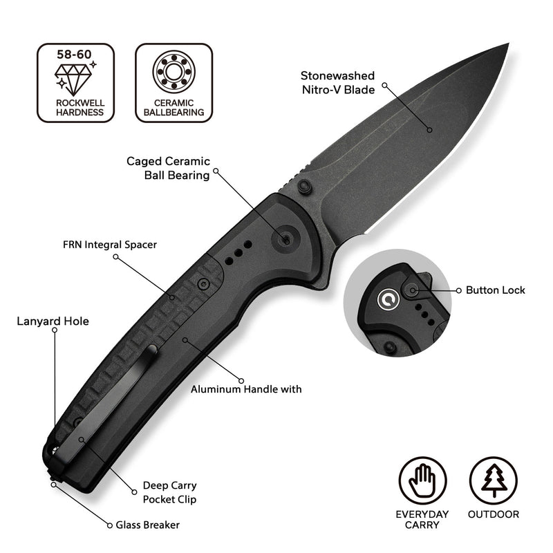 CIVIVI Sentinel Strike II Flipper & Thumb Stud & Button Lock Knife Aluminum & FRN Handle (3.7" Nitro - V Blade) C22025D - 1