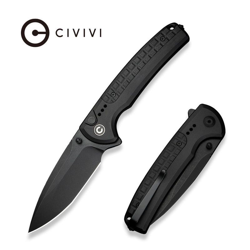 CIVIVI Sentinel Strike II Flipper & Thumb Stud & Button Lock Knife Black Aluminum Handle With Black FRN Integral Spacer (3.7" Black Stonewashed Nitro - V Blade) C22025D - 1