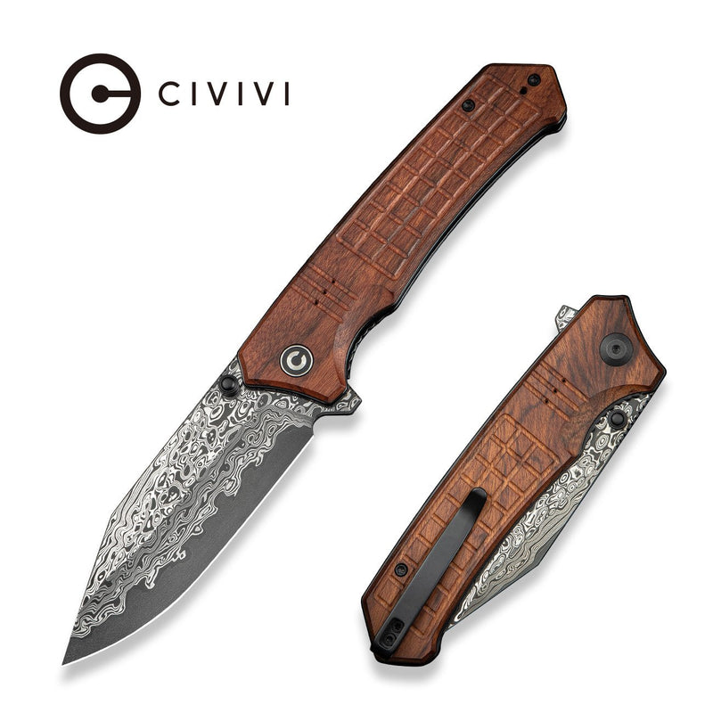 CIVIVI Tacticorix Flipper & Thumb Stud Knife Guibourtia Wood Handle (3.7" Damascus Blade) C23055 - DS1