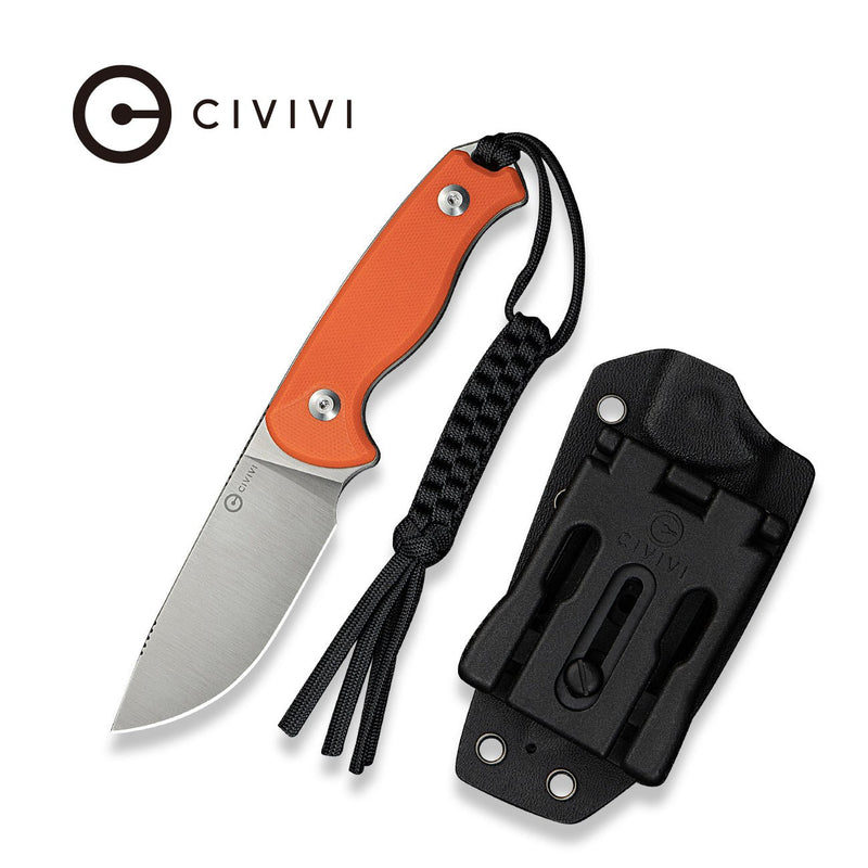 CIVIVI Timberbark Fixed Blade Knife Orange G10 Handle (3.2" Satin Finished 14C28N Blade) C23094 - 2, With 1PC Black Lanyard, Black Kydex Sheath & T - Clip