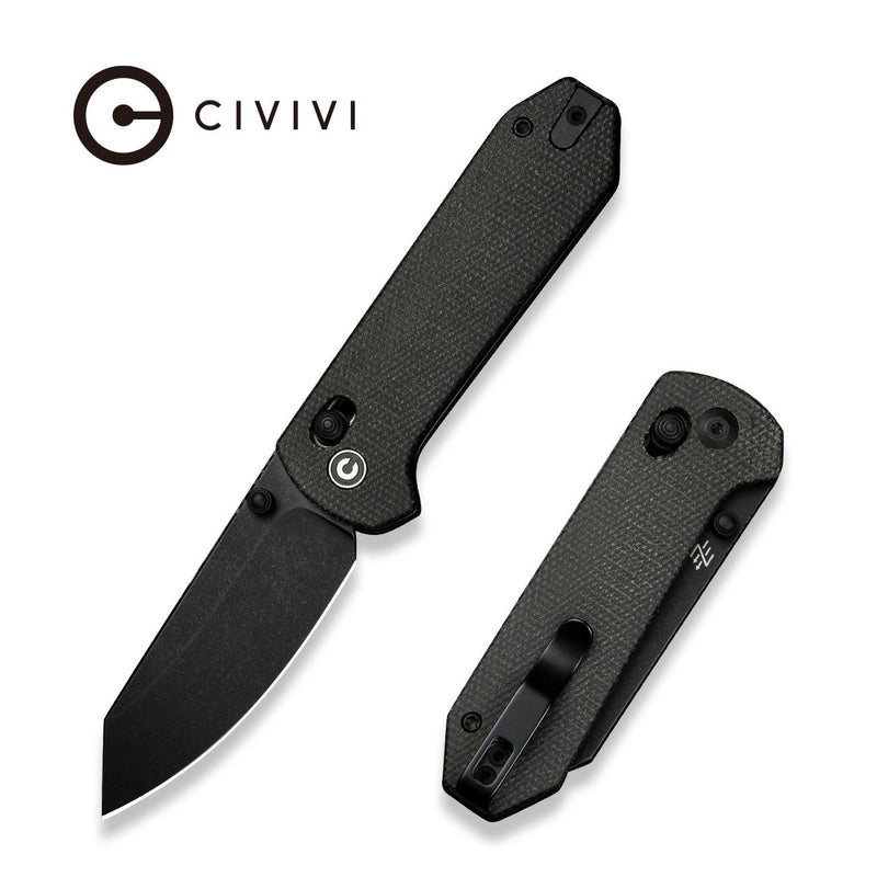 CIVIVI Yonder Thumb Stud & Crossbar Lock Knife Dark Green Canvas Micarta Handle (2.88" Black Stonewashed 14C28N Blade) C23073B - 1