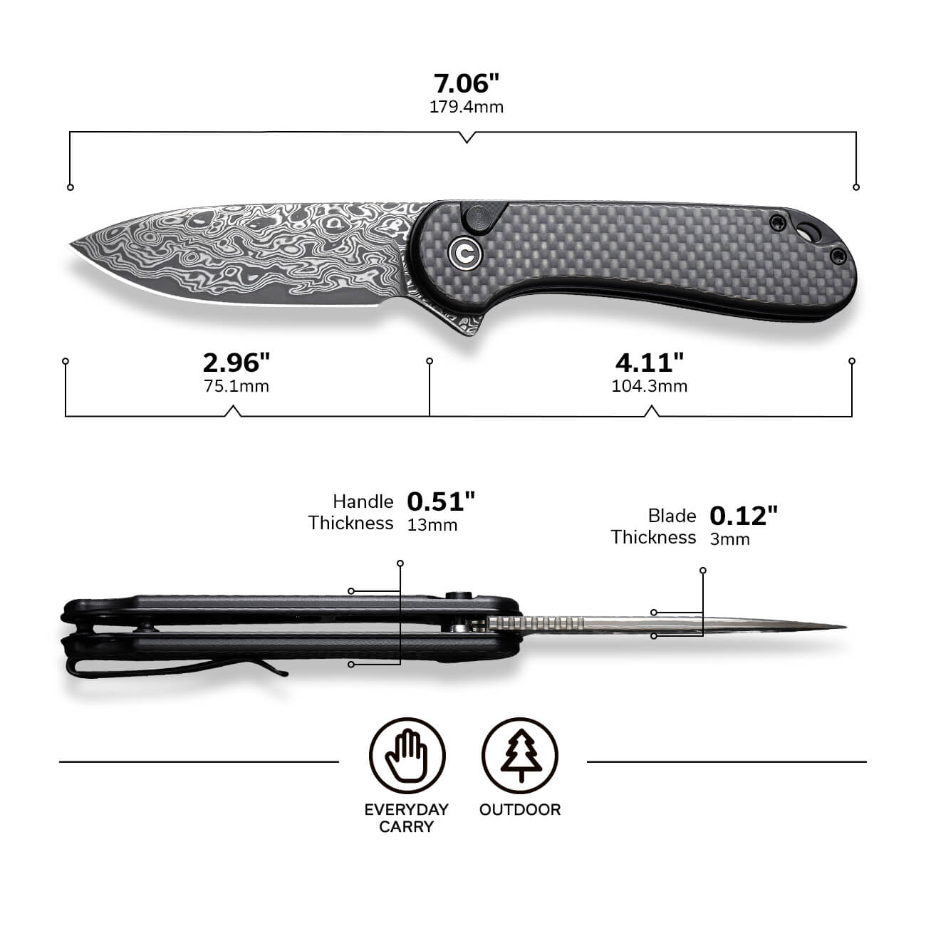 CIVIVI Button Lock Elementum II Knife Carbon Fiber & G10 Handle & Damascus